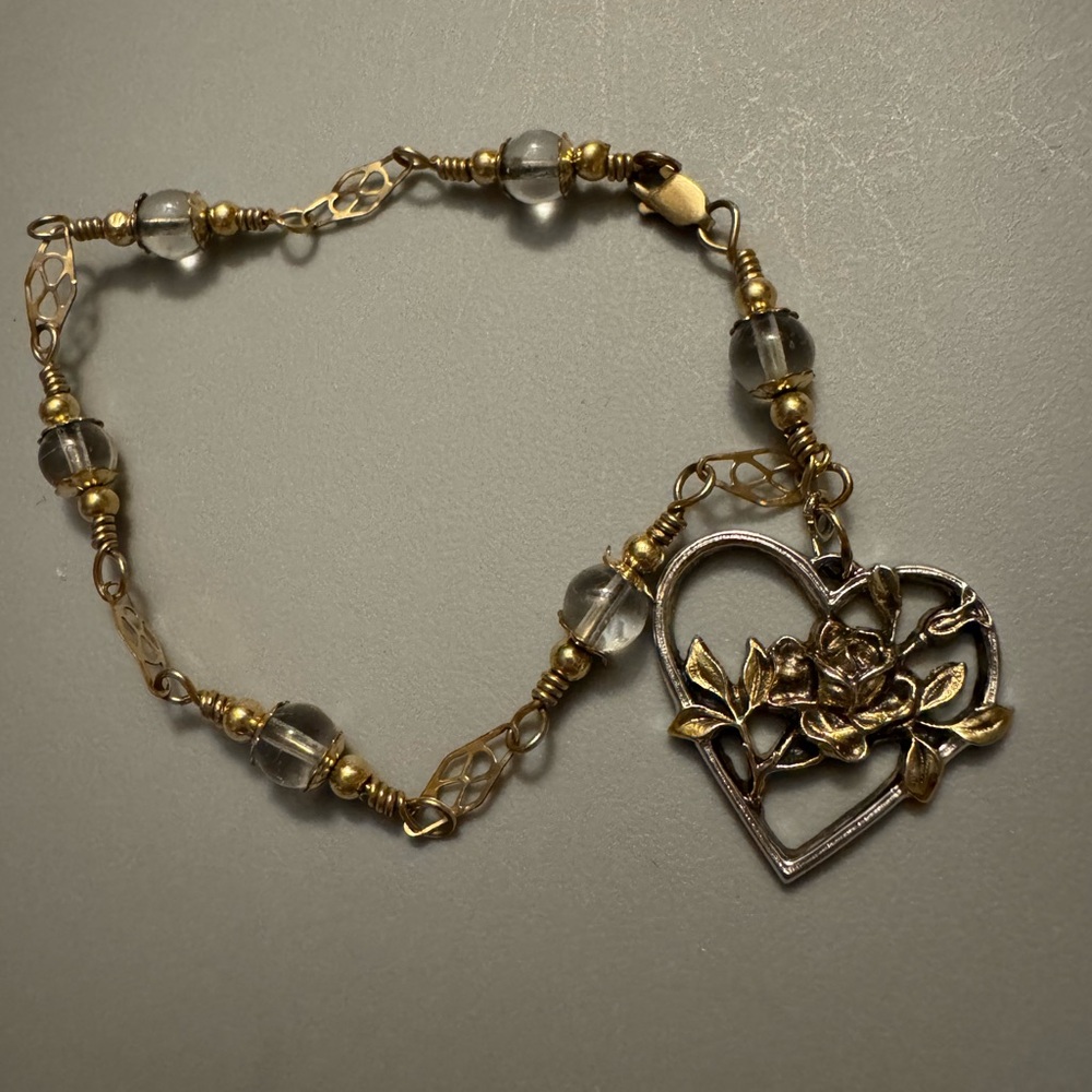 Gold and Sterling silver Heart Charm Bracelet 7.5 inches
